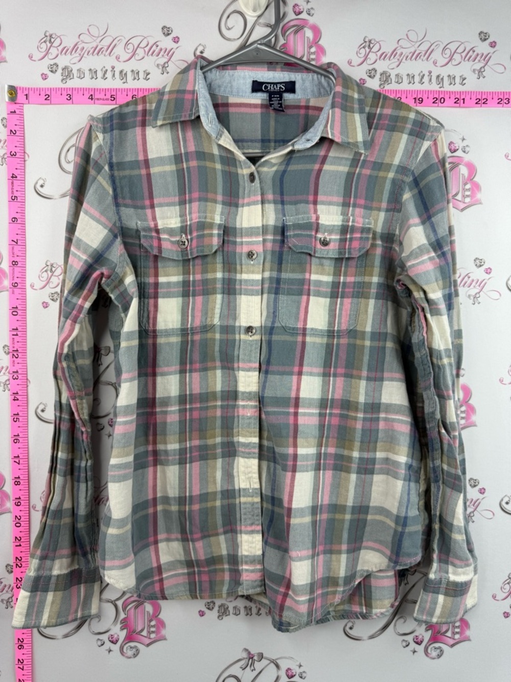 Chaps button down long sleeve Women's Plaid Button-Up Shirt Pink, Gray & Cream